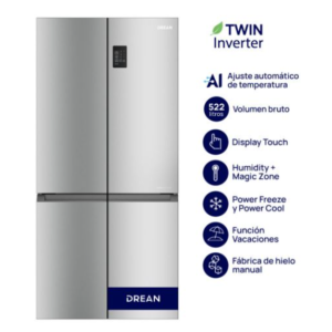 Heladera T-door Twin Inverter con IA 522 L Inox Drean DTP469LKRSS0