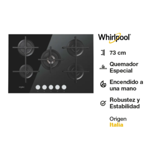 Anafe Whirlpool a gas Vidrio Templado 73 cm GOA7523NBAG
